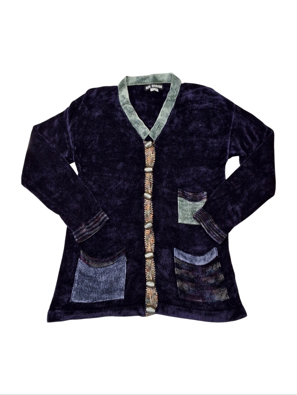 Ani Barrie~Womens VTG Multicolor Velvet Cardigan~Whimsical Purple Blue~Teacher~S